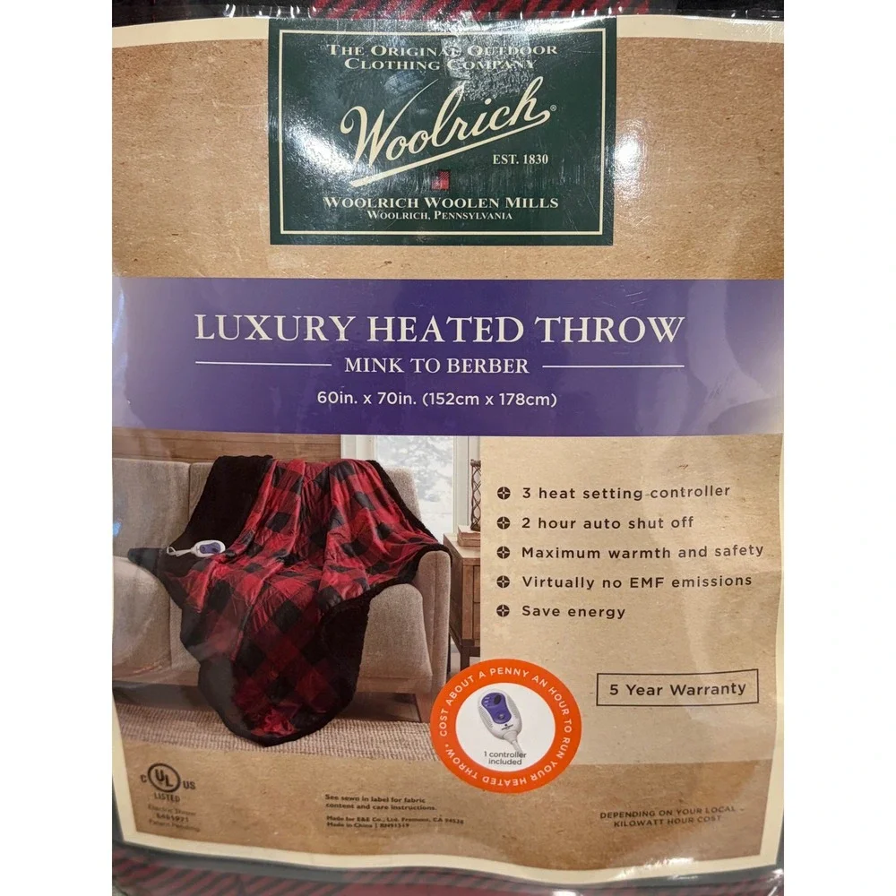 Woolrich‎ Luxury Heated Throw Red Black Buffalo Plaid Electric Blanket 60x70 NEW